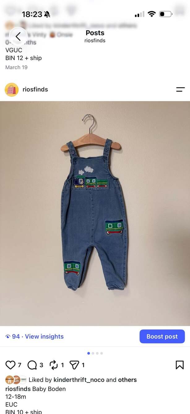 Baby Boden Blue Train Embroidered Denim Overalls Jumpsuit